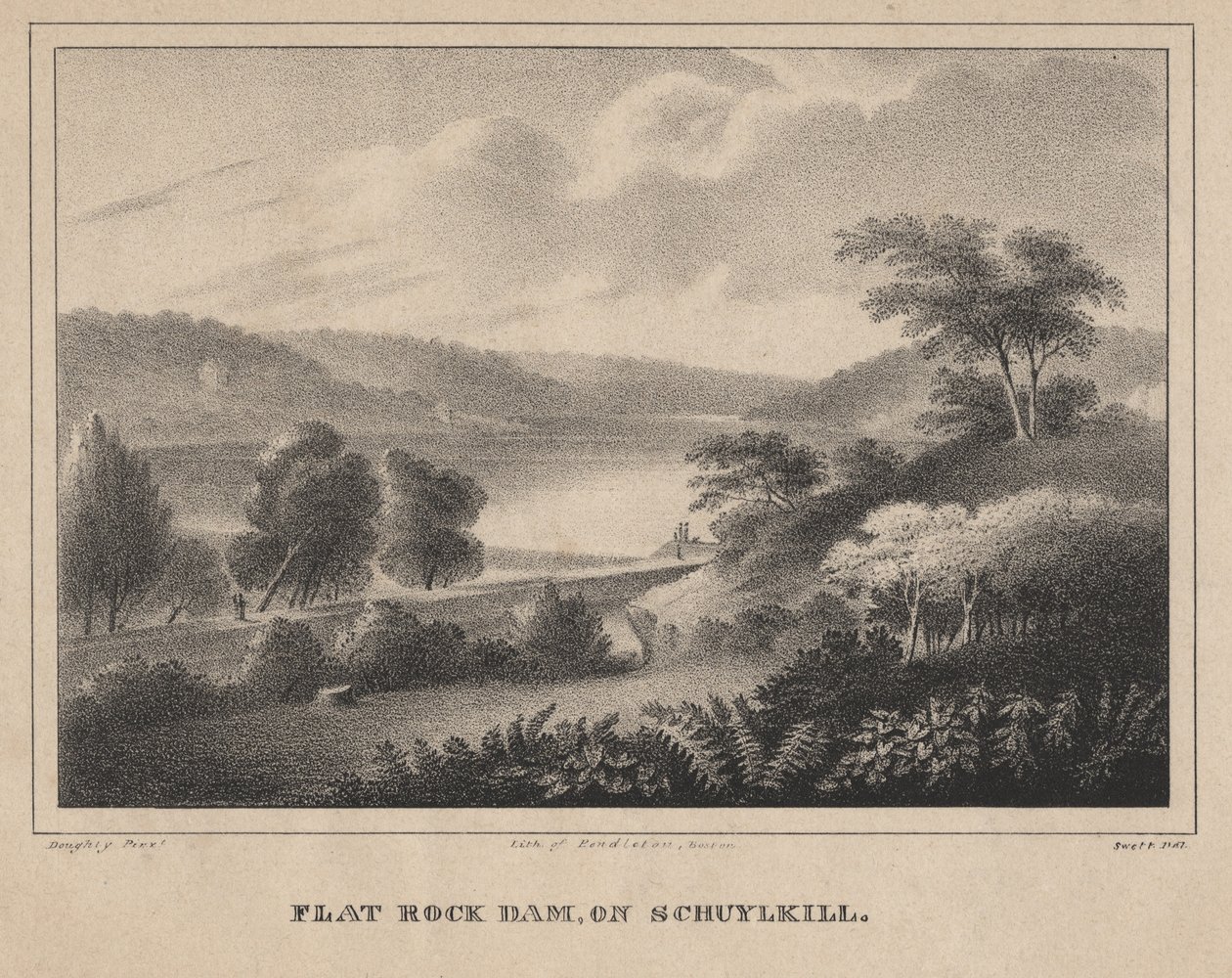 位于Schuykill的Flat Rock Dam，由Moses Swett雕刻，1827年 作者 托马斯·多蒂