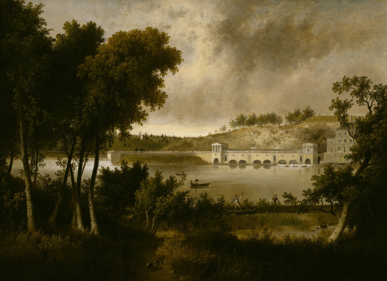 从斯库尔基尔河的对面，费城费尔芒特水厂的视图，c。 1824-1826 作者 托马斯·多蒂