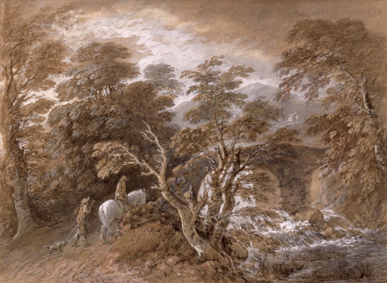 一个带岩石和植物的林地池，c.1765-70（wc和黑色粉笔在石墨上，纸上有油漆） 作者 托马斯·盖恩斯伯勒