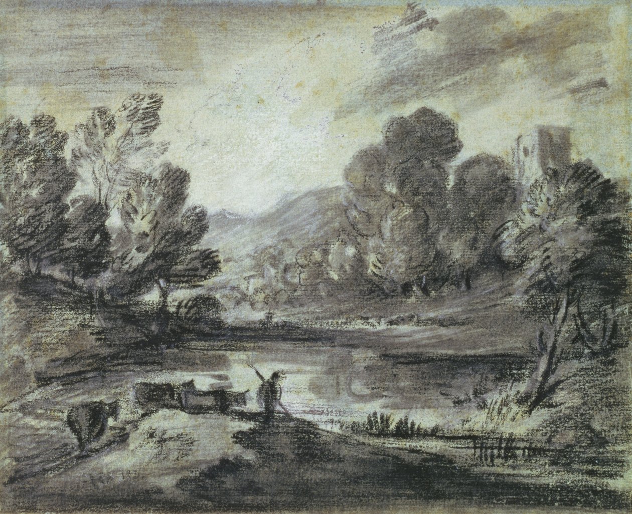 丘陵景观，c.1775-80（黑色粉笔，树桩和蓝纸上的白色粉笔） 作者 托马斯·盖恩斯伯勒