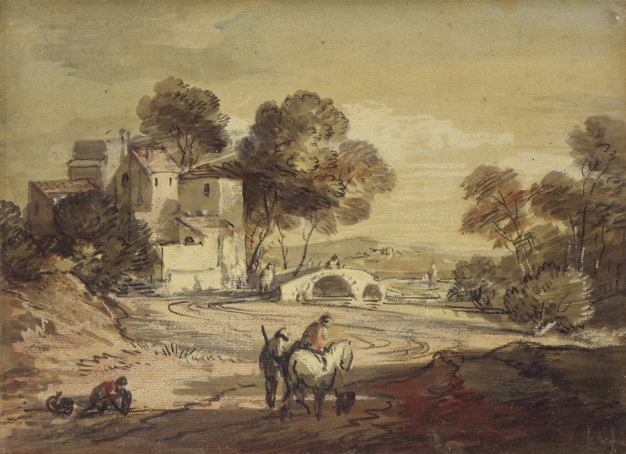 意大利风景与旅行者在蜿蜒的道路上，1775年至1779年（黑色粉笔与水彩和身体颜色，涂漆） 作者 托马斯·盖恩斯伯勒