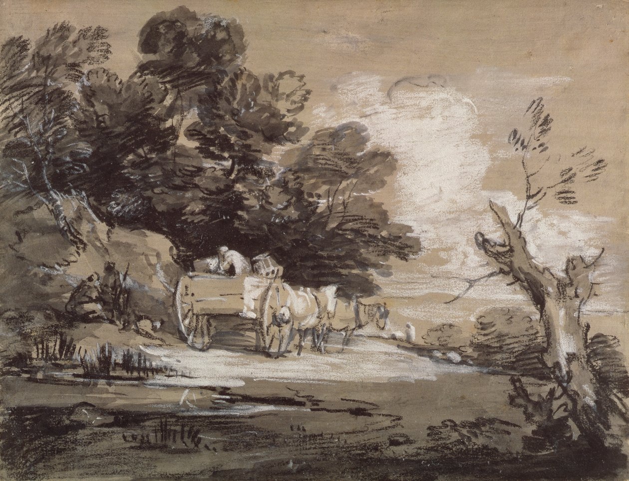 树木繁茂的景观与乡村购物车和数字，c.1785-88（黑色和白色粉笔与纸上洗） 作者 托马斯·盖恩斯伯勒