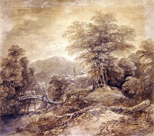 树木繁茂的山地景观牧民和牛群十字路口，1759年（笔，墨水和纸上的wc）（另见352793） 作者 托马斯·盖恩斯伯勒