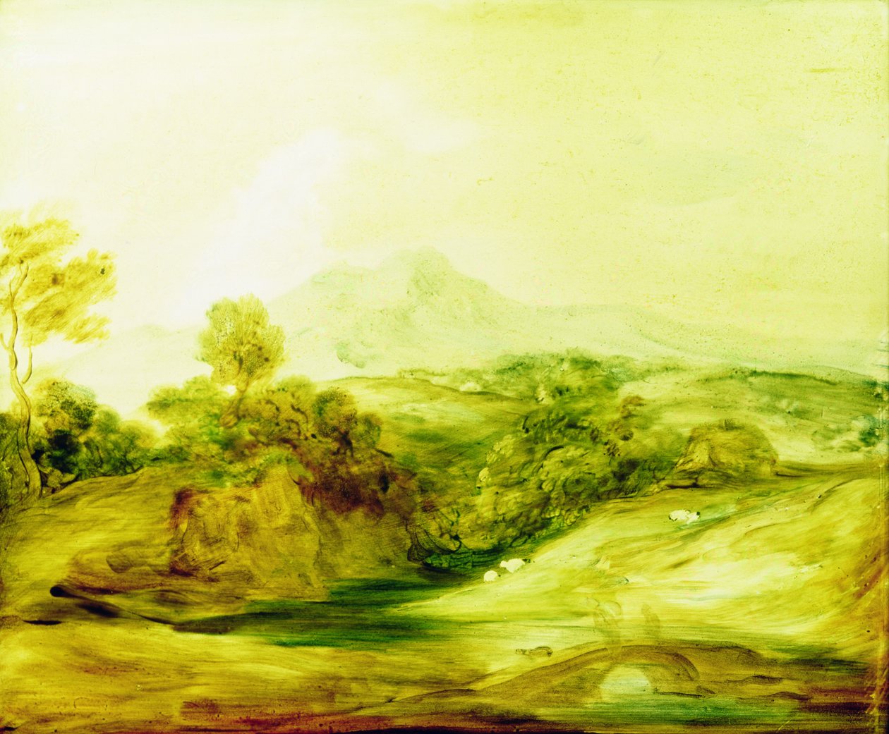 树木繁茂的河流景观与数字在桥上，c.1783-4（玻璃上的油漆） 作者 托马斯·盖恩斯伯勒