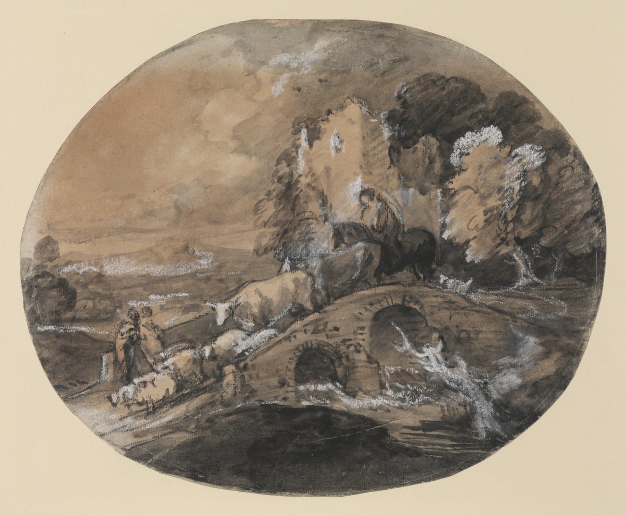 树木繁茂的景观与牧民驾驶牛桥梁，农民和一座废墟城堡，1781年（黑色墨水洗，黑色粉笔在纸上用白色加高） 作者 托马斯·盖恩斯伯勒