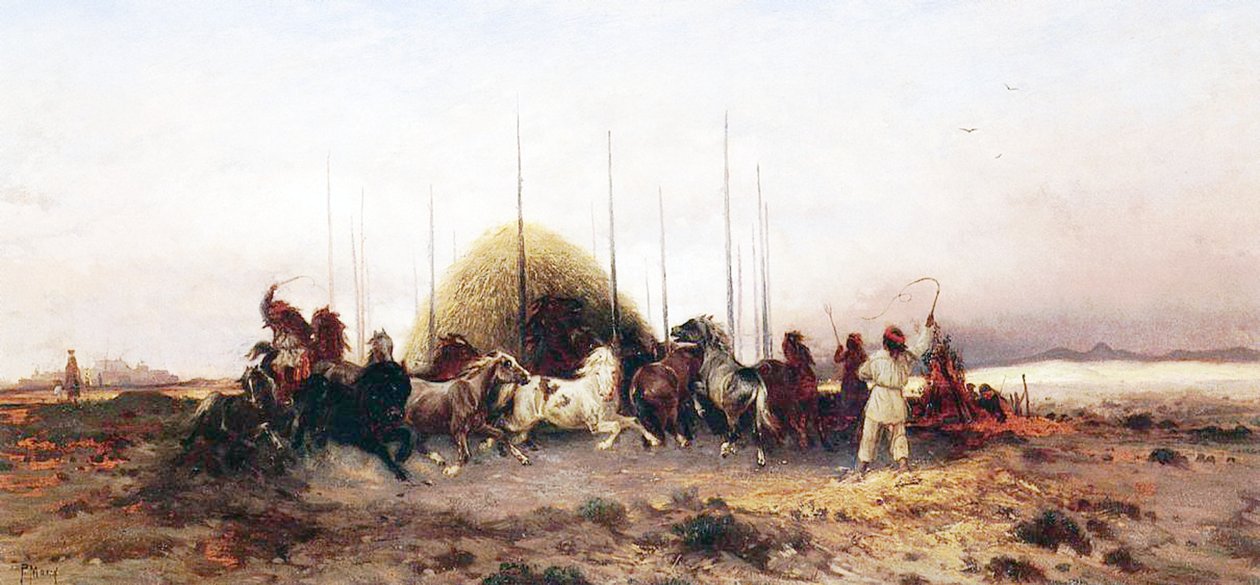 打谷小麦，新墨西哥州，c.1883 作者 托马斯·莫兰