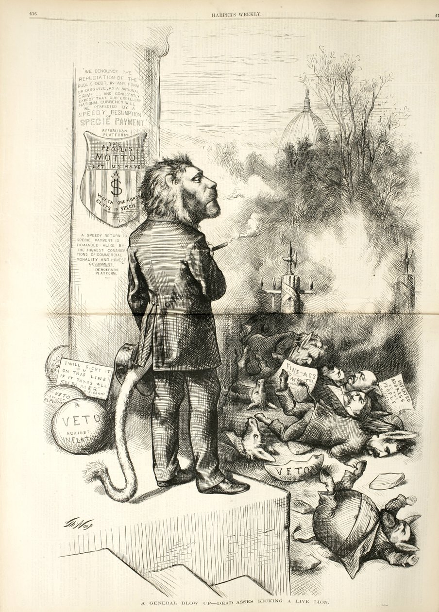 一般爆炸 - 死屁股踢活狮子，1874年（木版画） 作者 托马斯·纳斯特