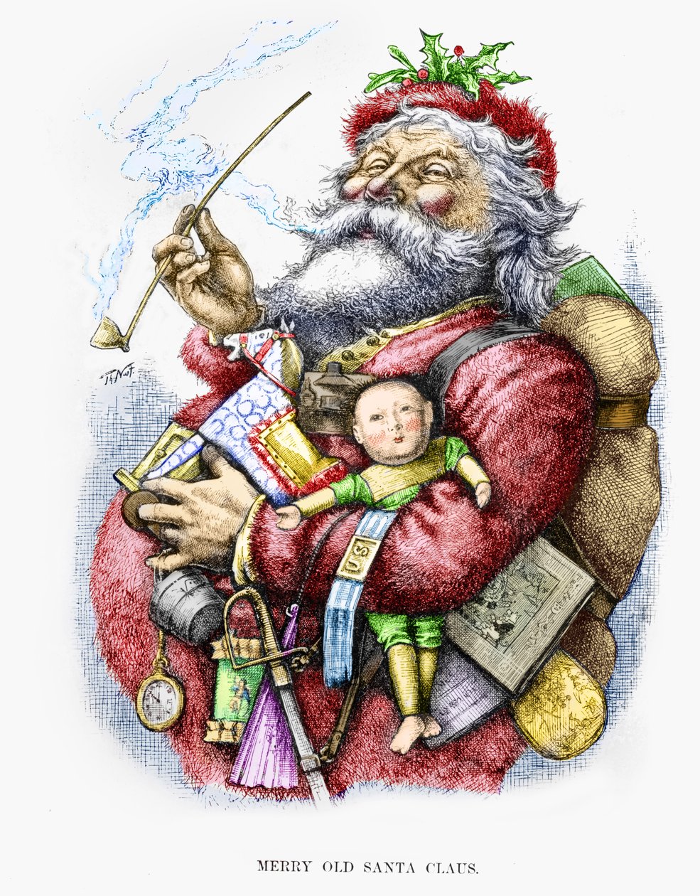 Merry Old Santa Claus，由艺术家雕刻，1889年（手工彩色雕刻） 作者 托马斯·纳斯特