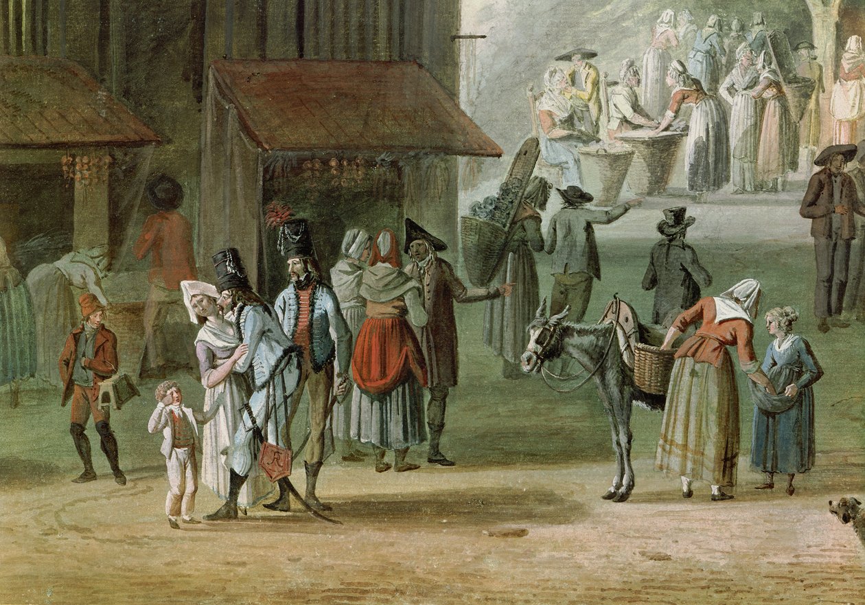 位于Grand-Chatelet前面的Place de l&39;Apport-Paris，左手边的人的细节，1802年之前（纸上的水粉和wc） 作者 托马斯·诺德（Thomas Naudet）