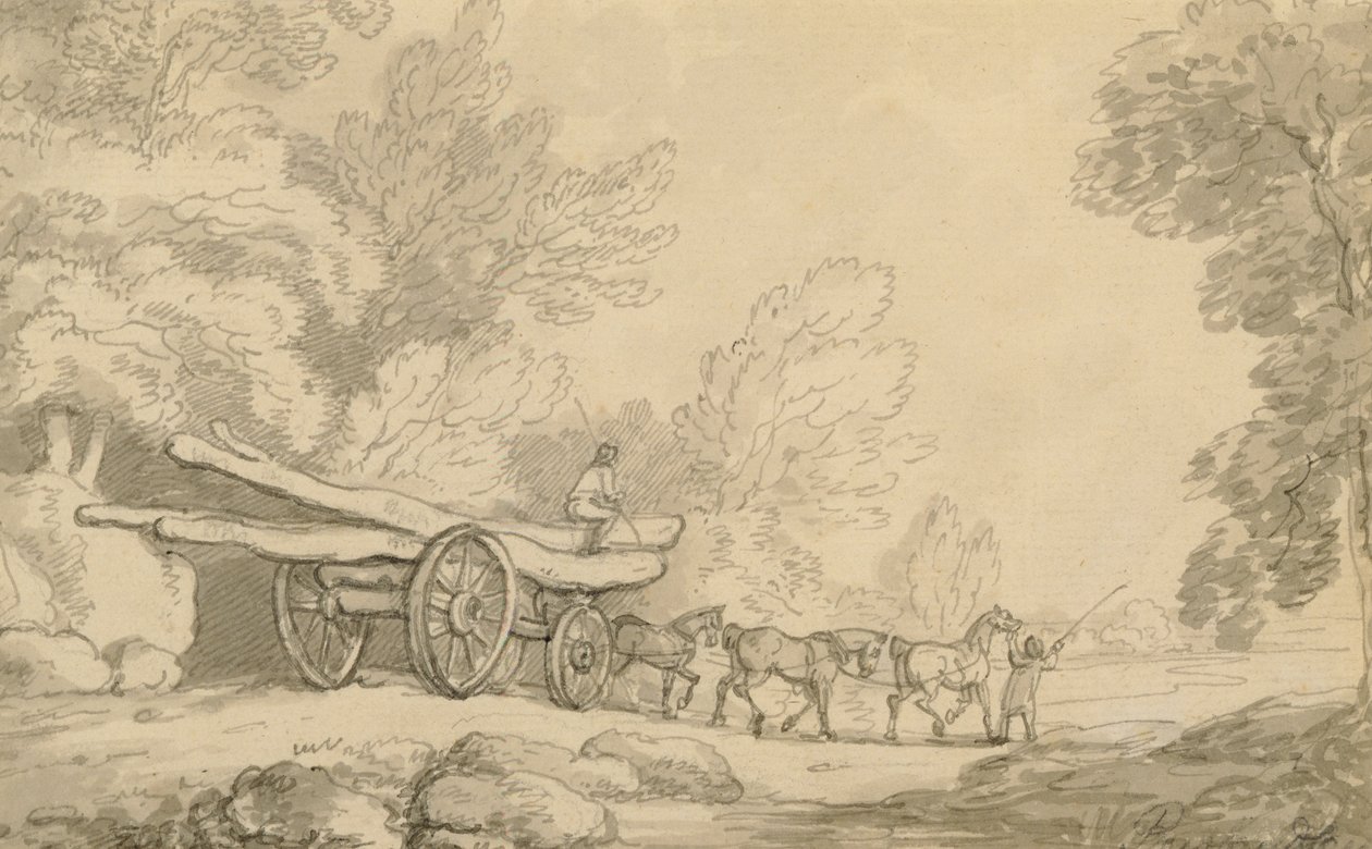 一辆木材货车，1790年（笔和墨水在纸上用石墨洗） 作者 托马斯·罗兰森