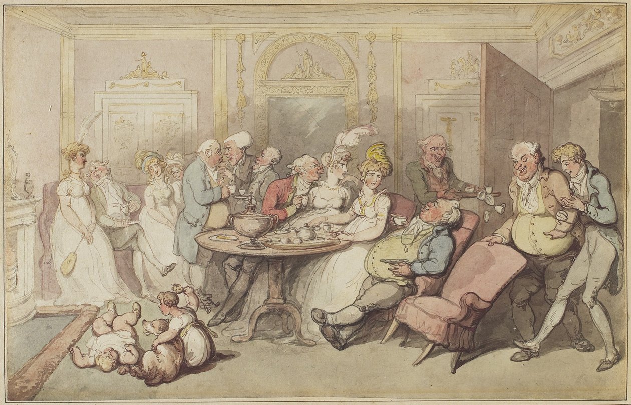 晚餐后，c.1805（笔和棕色，朱红色和灰色墨水，以及原始坐标上带有手绘边框的编织纸上的石墨） 作者 托马斯·罗兰森