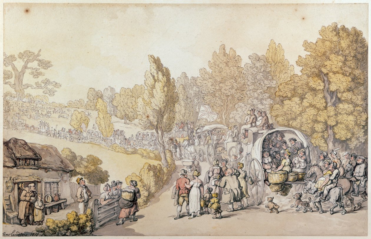 卡通描绘乡村民俗离开镇，1818年（手工彩色雕刻） 作者 托马斯·罗兰森