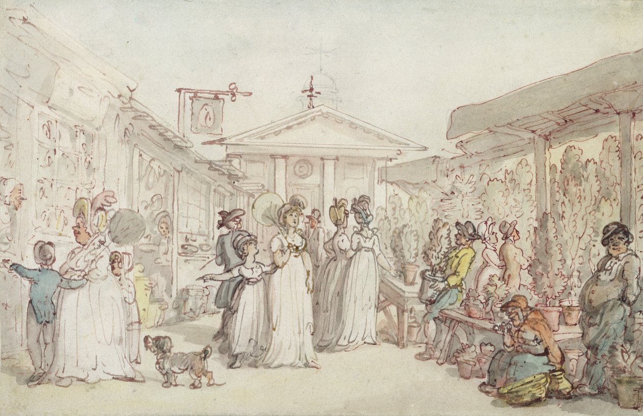 考文特花园市场，1795  -  1810年（笔和墨水，wc和铅笔在编织纸上） 作者 托马斯·罗兰森