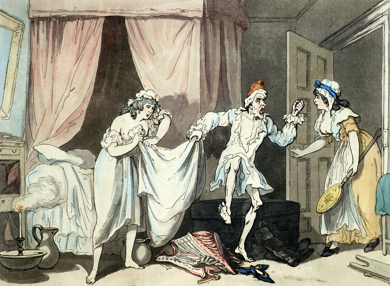 Damp Sheets，由Thomas Malton（1748-1804），酒吧制作。 1791年（用aquatint进行彩色蚀刻） 作者 托马斯·罗兰森