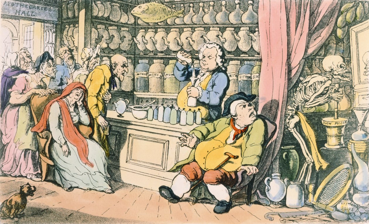 &39;死亡与药剂师&39;或&39;嘎嘎医生&39;，来自&39;英国死亡之舞&39;的插图，由伦敦1815-17伦敦R. Ackermann出版（彩色蚀刻） 作者 托马斯·罗兰森