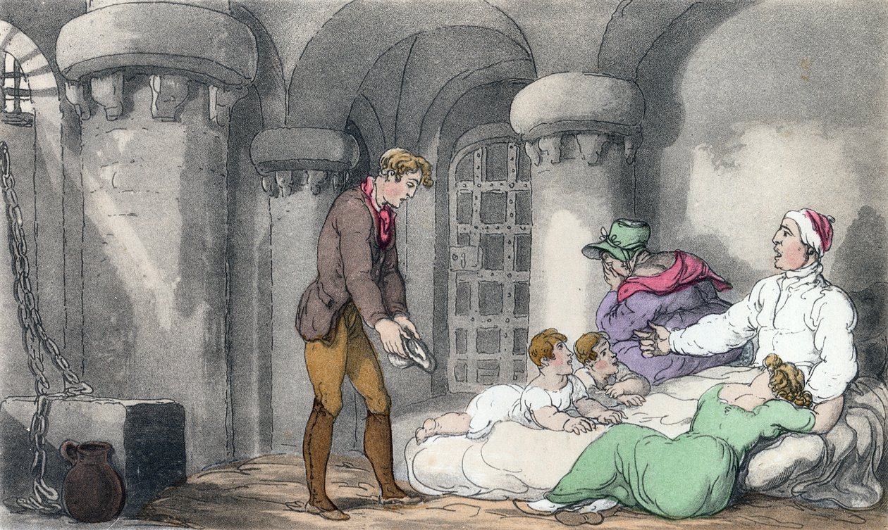 监狱的国内安排，来自&39;Wakefield的牧师&39;的插图，由Oliver Goldsmith，酒吧。阿克曼，1817年（手工彩色） 作者 托马斯·罗兰森