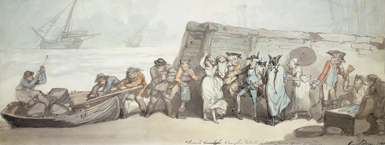 1790年Landing的海关官员检测到法国走私者（笔和墨水，纸和水墨） 作者 托马斯·罗兰森