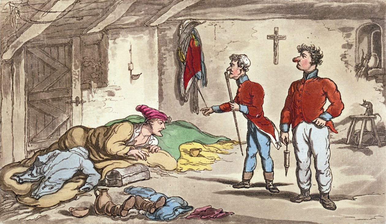 可怜名单上的可怜的约翰尼，来自“Johnny Newcome的军事冒险”一书的第9页，Patrick Martin，1815年（彩色蚀刻） 作者 托马斯·罗兰森