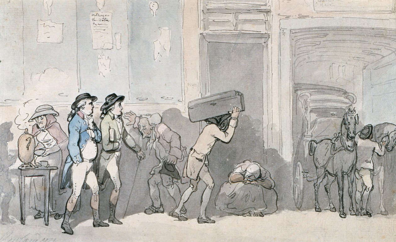 Rowlandson和Wigstead（1745-93）抵达旅馆（笔和灰色墨水和纸张上的wc） 作者 托马斯·罗兰森