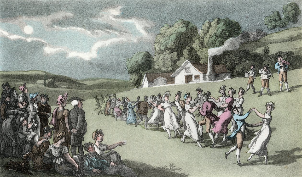 舞蹈，来自&39;Wakefield的牧师&39;的插图由Oliver Goldsmith，酒吧。阿克曼，1817年（手工彩色） 作者 托马斯·罗兰森