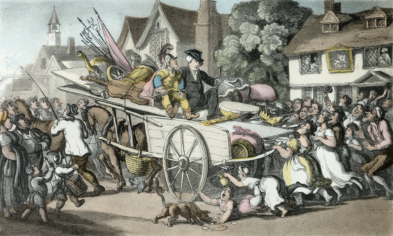公司中的牧师与漫步玩家，来自Oliver Goldsmith，酒吧的&39;韦克菲尔德牧师&39;的插图。阿克曼，1817年（手工彩色） 作者 托马斯·罗兰森