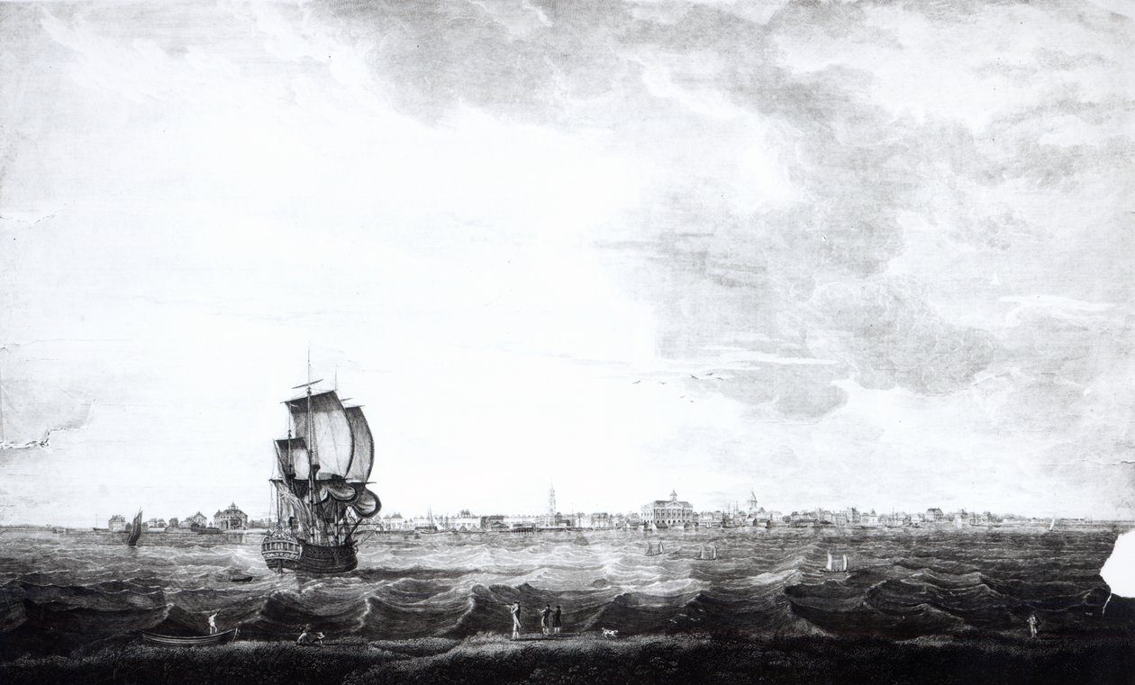 查尔斯镇的观点，南卡罗来纳州的首都，由Samuel Smith，1776年雕刻 作者 托马斯·塞奇