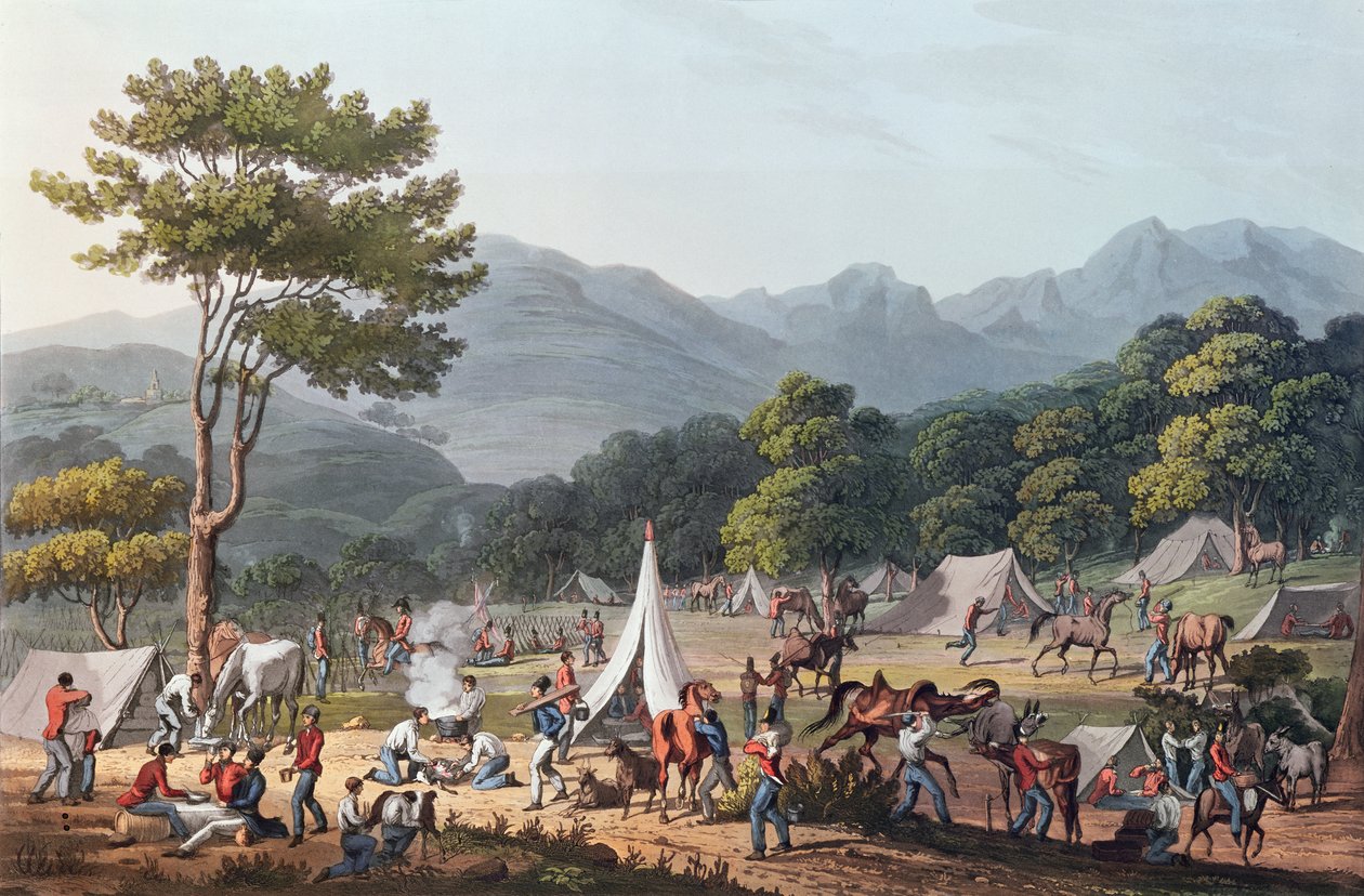 1811年5月19日，由C. Turner雕刻的Villa Velha附近的部队Bivouacked（彩色石版画） 作者 托马斯·斯汤顿·圣克莱尔