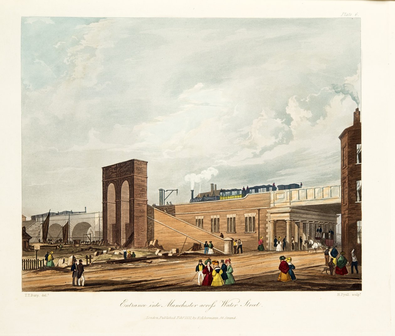 进入曼彻斯特横跨水街，1831年（手工彩色雕刻） 作者 托马斯·塔尔伯特·伯里