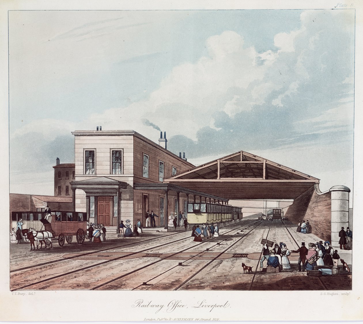 铁路办公室，利物浦，由SG Hughes刻，1831年（彩色aquatint） 作者 托马斯·塔尔伯特（Thomas Talbot）