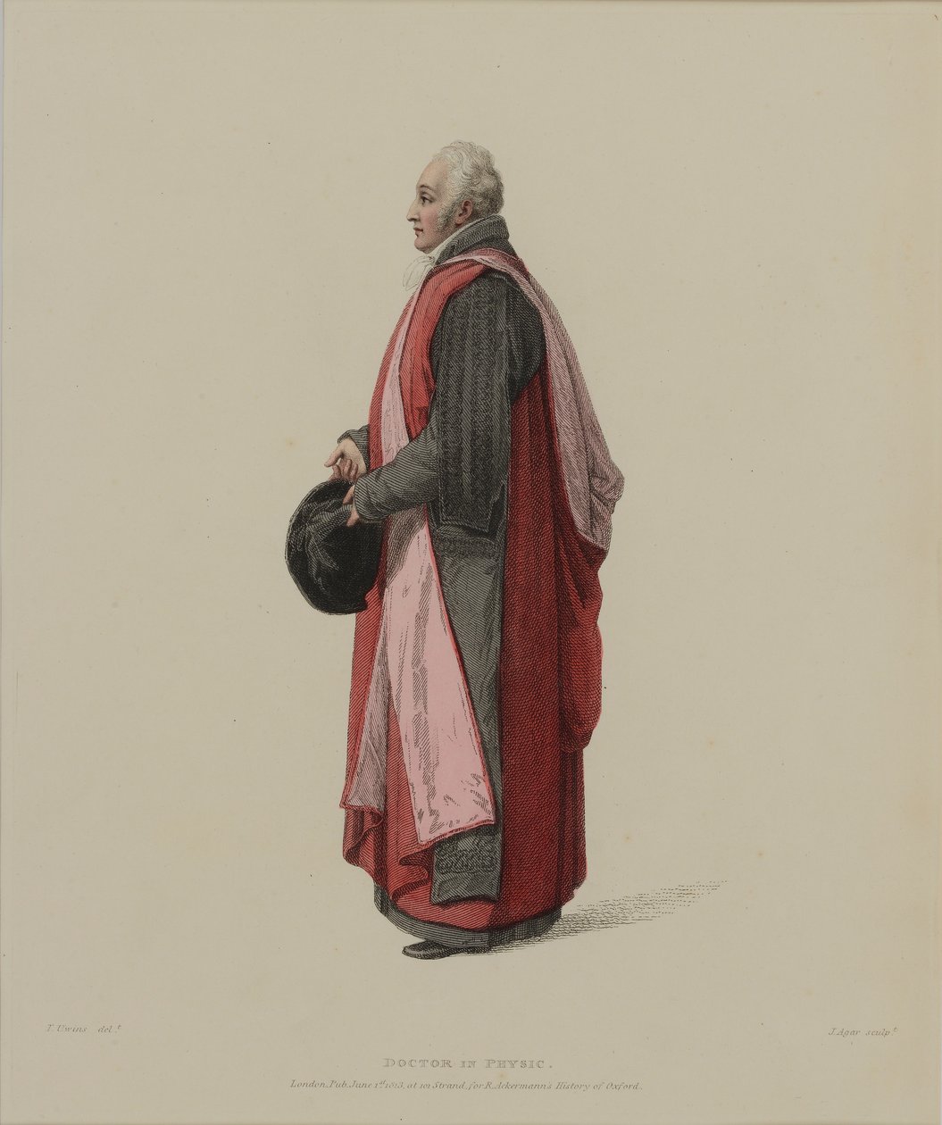 医学博士，由J. Agar雕刻，出版于R. Ackermann的“牛津历史”，1813年（手工彩色雕刻） 作者 托马斯·尤文斯
