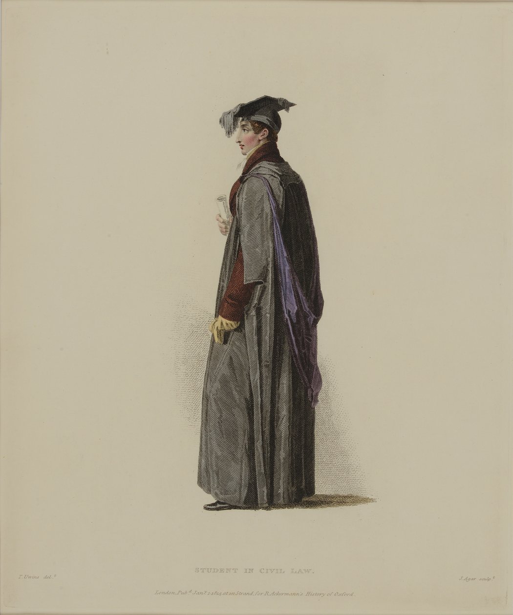 民法学生，由J. Agar雕刻，出版于R. Ackermann的“牛津历史”，1814年（手工彩色雕刻） 作者 托马斯·尤文斯