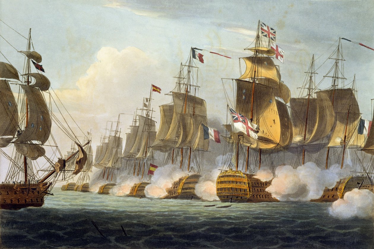 特拉法加战役，1805年10月21日，由James Jenkins撰写的“英国海军成就”，由Thomas Sutherland（bc1785）镌刻于1816年（手工彩色） 作者 托马斯·惠特科姆