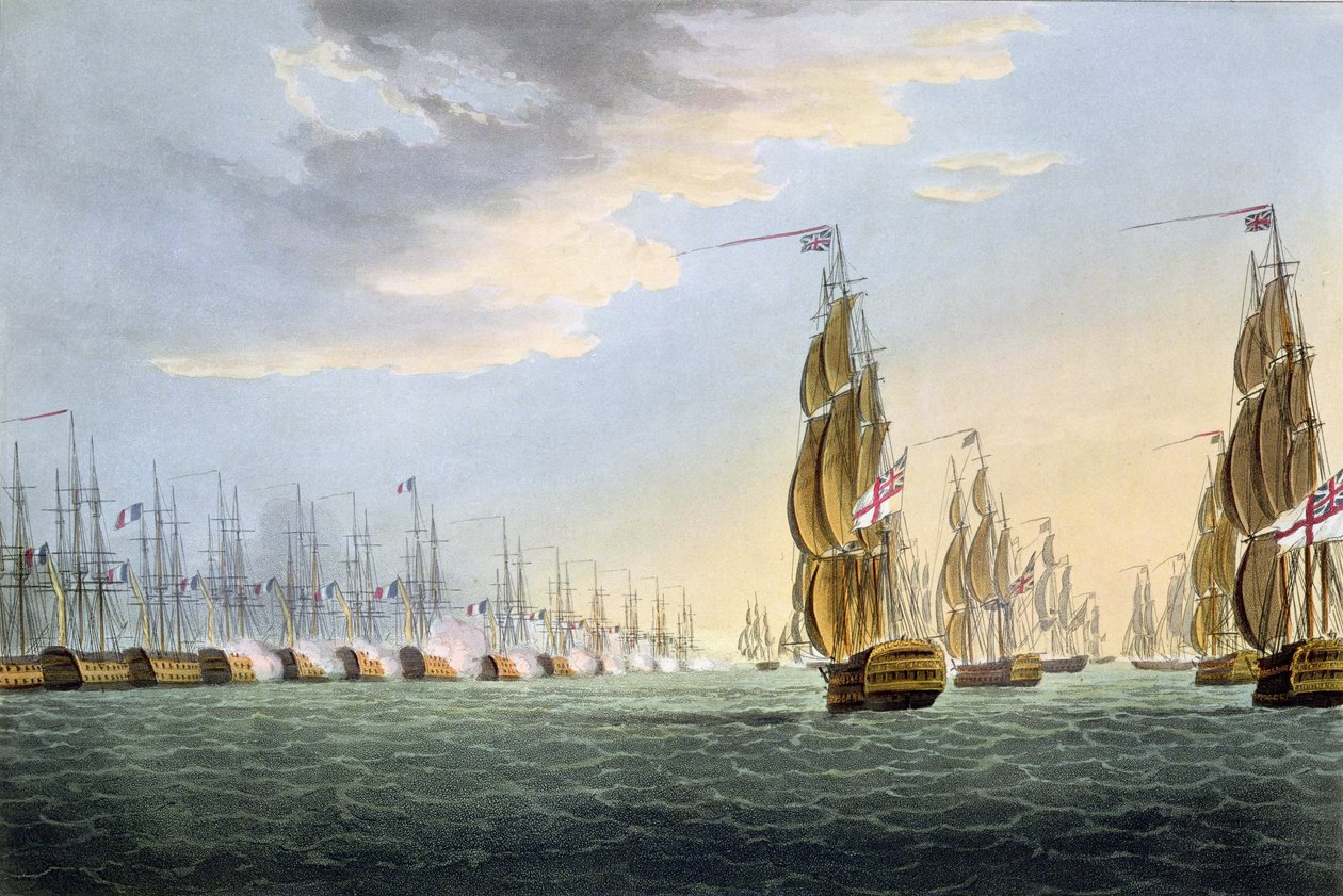 尼斯战役，1798年8月1日，托马斯·萨瑟兰为J.詹金斯的“海军成就”，1816年（彩色雕刻）刻。 作者 托马斯·惠特科姆