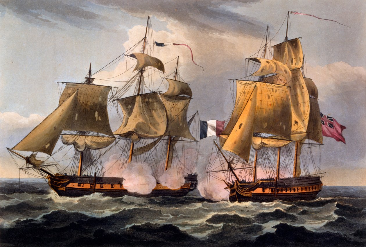 捕获蓖麻，由Thomas Sutherland制作，来自“英国海军成就，从1793年到1817年”，詹姆斯詹金斯，1817年首次出版（手工彩色aquatint） 作者 托马斯·惠特科姆