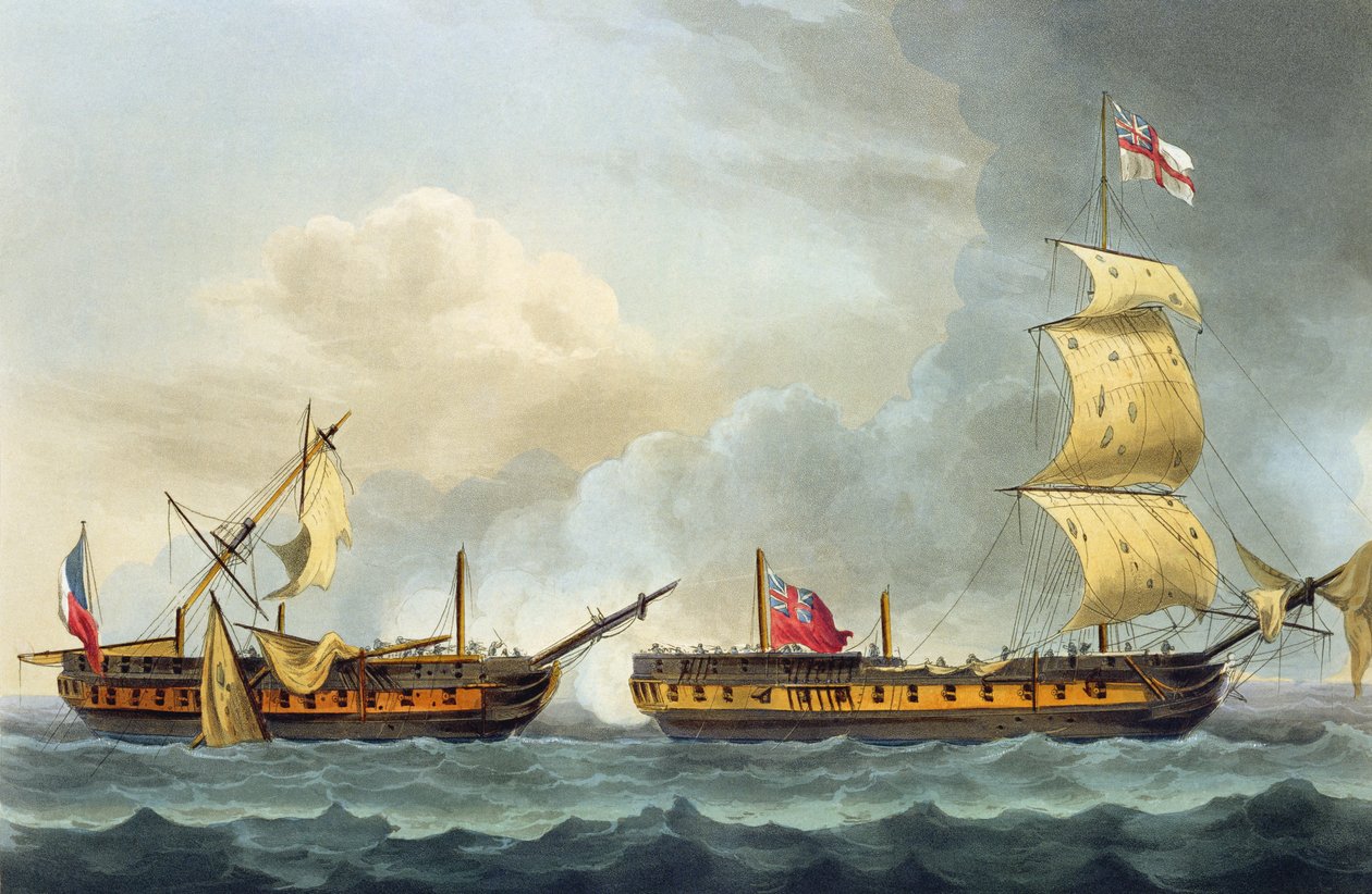 1795年1月5日，La Fique夺取詹姆斯詹金斯的“英国海军成就”，由Thomas Sutherland（bc1785）镌刻，1816年出版（手工制作的aquatint） 作者 托马斯·惠特科姆