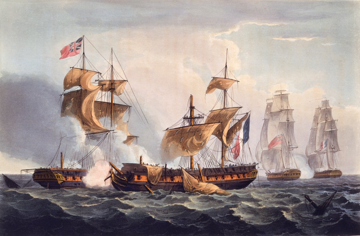 捕获La Minerve，由Thomas Sutherland制作，来自“英国海军成就，从1793年到1817年”，作者James Jenkins，于1817年首次出版（手工制作的aquatint） 作者 托马斯·惠特科姆