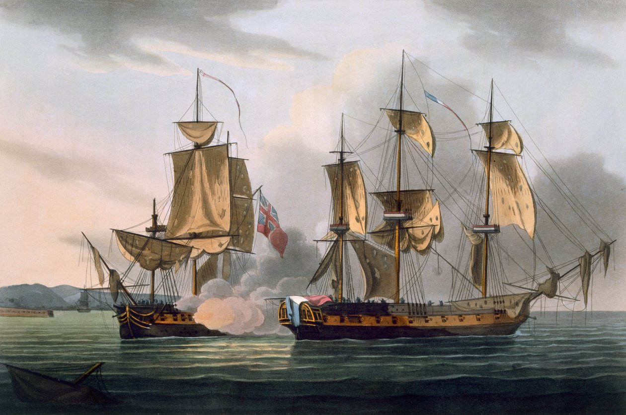 1793年10月21日，由詹姆斯·詹金斯撰写的“英国海军成就”夺取La Reunion，由Joseph Jeakes（f.1796-1809）雕刻，1816年出版（手工制作的aquatint） 作者 托马斯·惠特科姆
