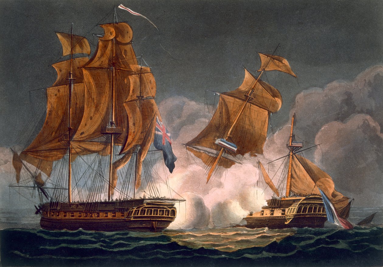 夺取La Tribune，1796年6月8日，由Thomas Sutherland为J. Jenkins的“海军成就”，1816年（彩色雕刻）雕刻而成 作者 托马斯·惠特科姆