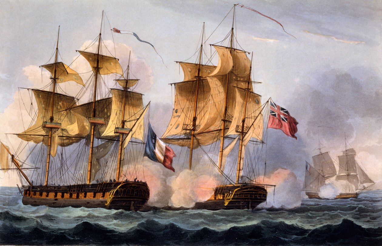 捕获Le Desius，由Thomas Sutherland制作，来自“英国的海军成就，从1793年到1817年”，由James Jenkins于1817年首次出版（手工彩色的aquatint） 作者 托马斯·惠特科姆