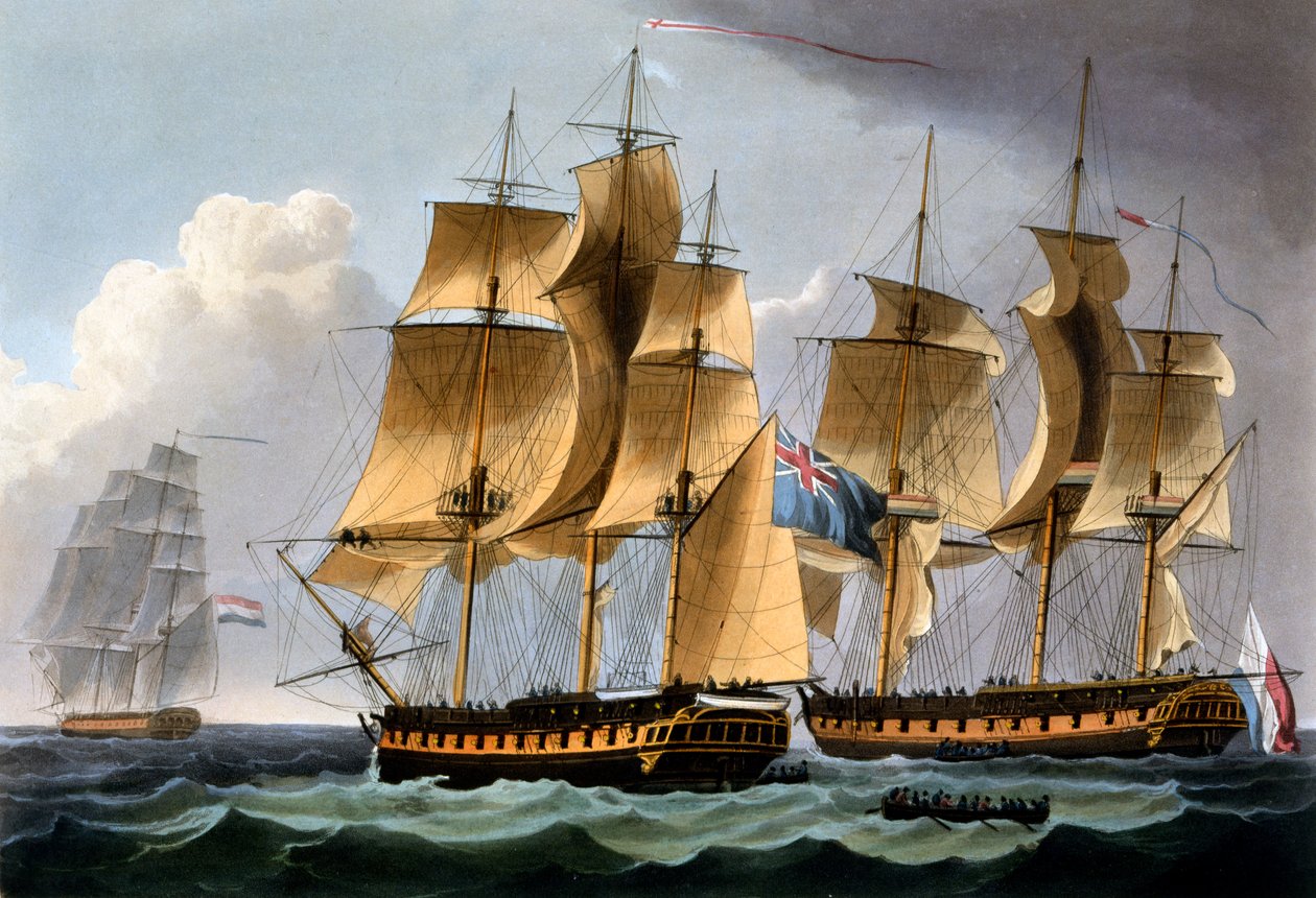 1796年10月23日，由詹姆斯·詹金斯撰写的“英国海军成就”捕获了Furie和Waakzaamheid，由Thomas Sutherland雕刻，1817年出版（手工彩色） 作者 托马斯·惠特科姆