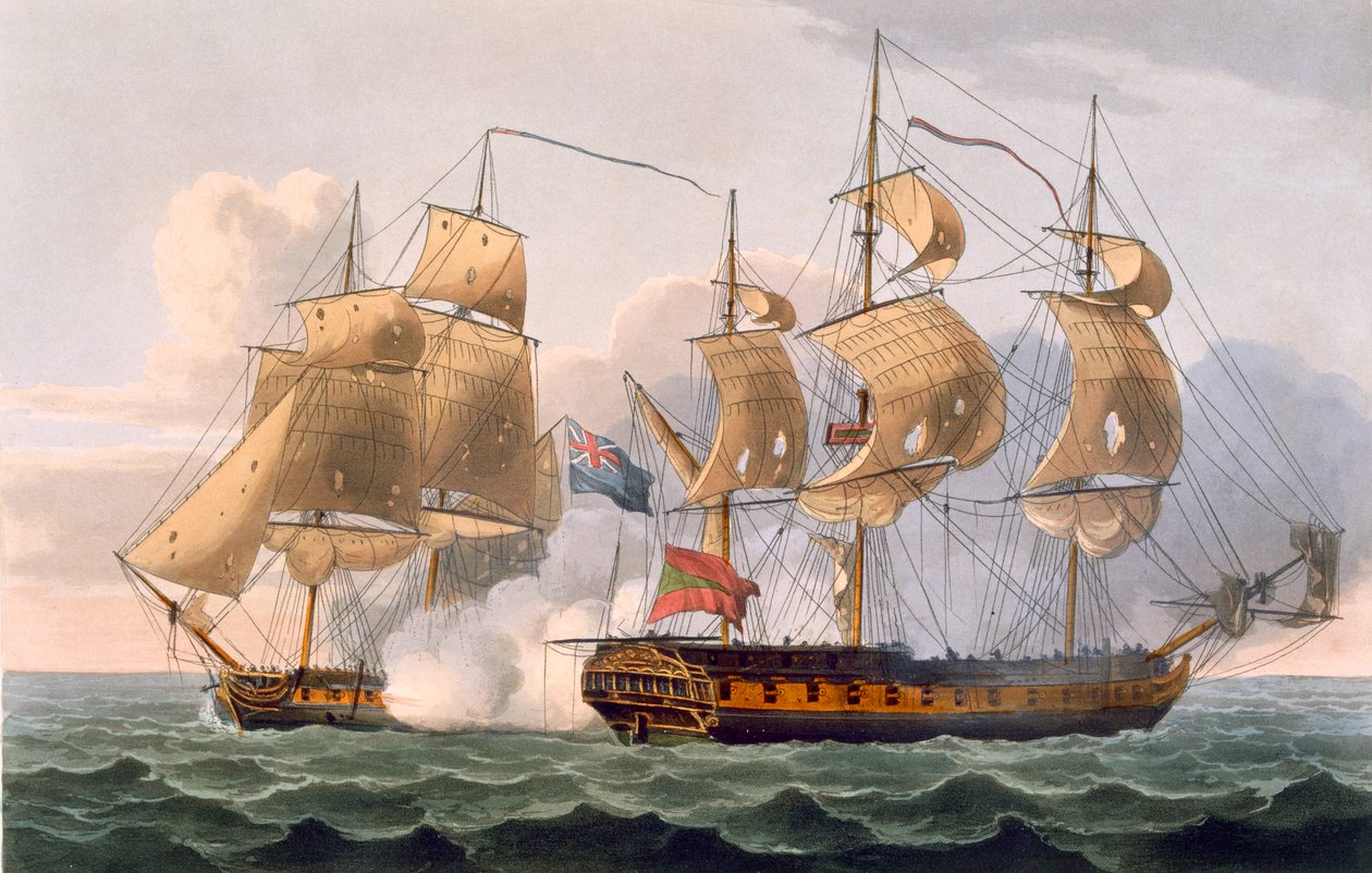 捕捉利古里亚，1798年8月7日，托马斯·萨瑟兰为J.詹金斯的“海军成就”，1816年（彩色雕刻）雕刻而成 作者 托马斯·惠特科姆