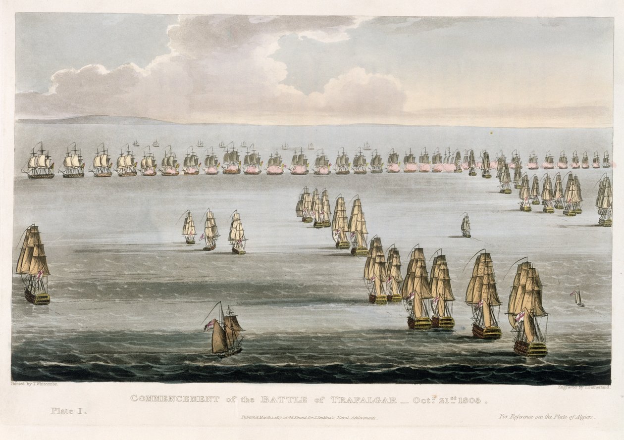 1805年10月21日特拉法加战役的开始，由Thomas Sutherland为J. Jenkins的“海军成就”刻，1817年 作者 托马斯·惠特科姆