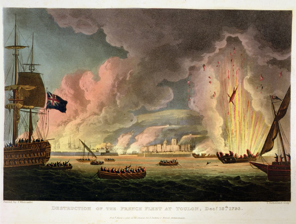 1793年12月18日在土伦对法国舰队的毁灭，由Thomas Sutherland为J. Jenkins的“海军成就”（1816年）所镌刻（另见286303） 作者 托马斯·惠特科姆