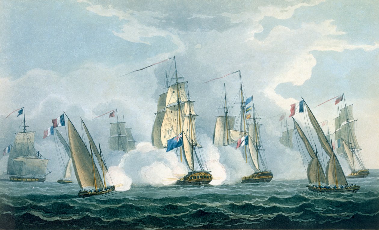 HMS Sirius，Rowse上尉于1806年4月17日在台伯河口与法国中队接合，由T. Sutherland为J.Ralfe撰写的“英国海军年表”，1820年出版（co 作者 托马斯·惠特科姆