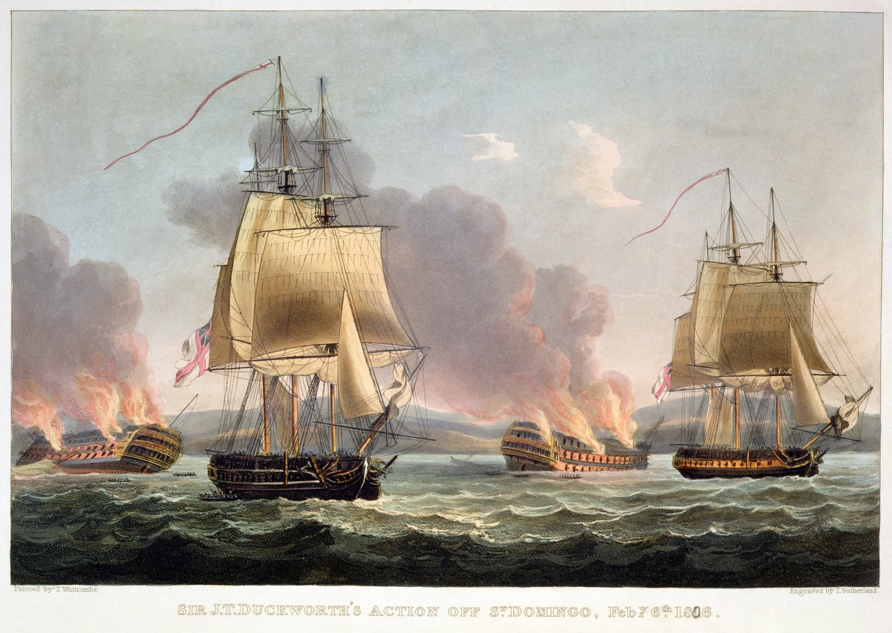 Sir DJ Duckworth在1806年2月6日圣多明各的行动，由Thomas Sutherland为J. Jenkins的“海军成就”，1816年（彩色雕刻）刻。 作者 托马斯·惠特科姆