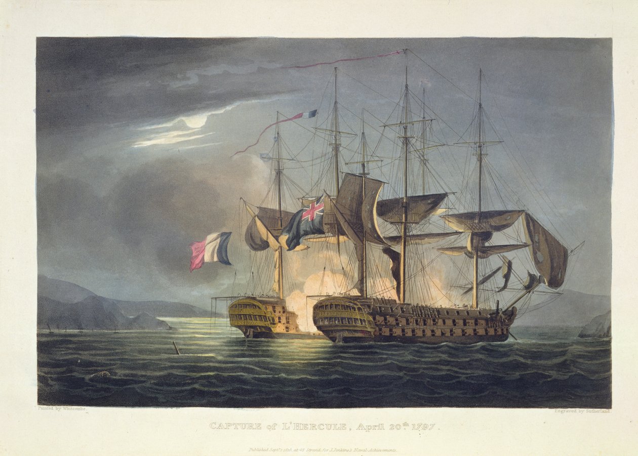 1797年4月20日，L&39;Hercule的捕获，由Thomas Sutherland为J. Jenkins的“海军成就”，1816年（彩色雕刻）雕刻而成 作者 托马斯·惠特科姆