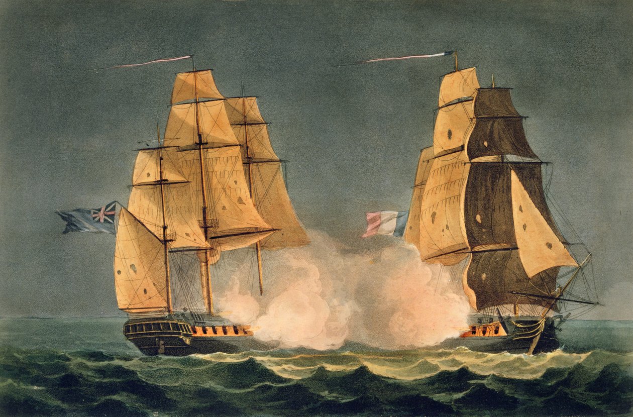 1797年12月21日，La Nereide的捕获，由Thomas Sutherland为J. Jenkins的“海军成就”，1816年（彩色雕刻）雕刻而成 作者 托马斯·惠特科姆