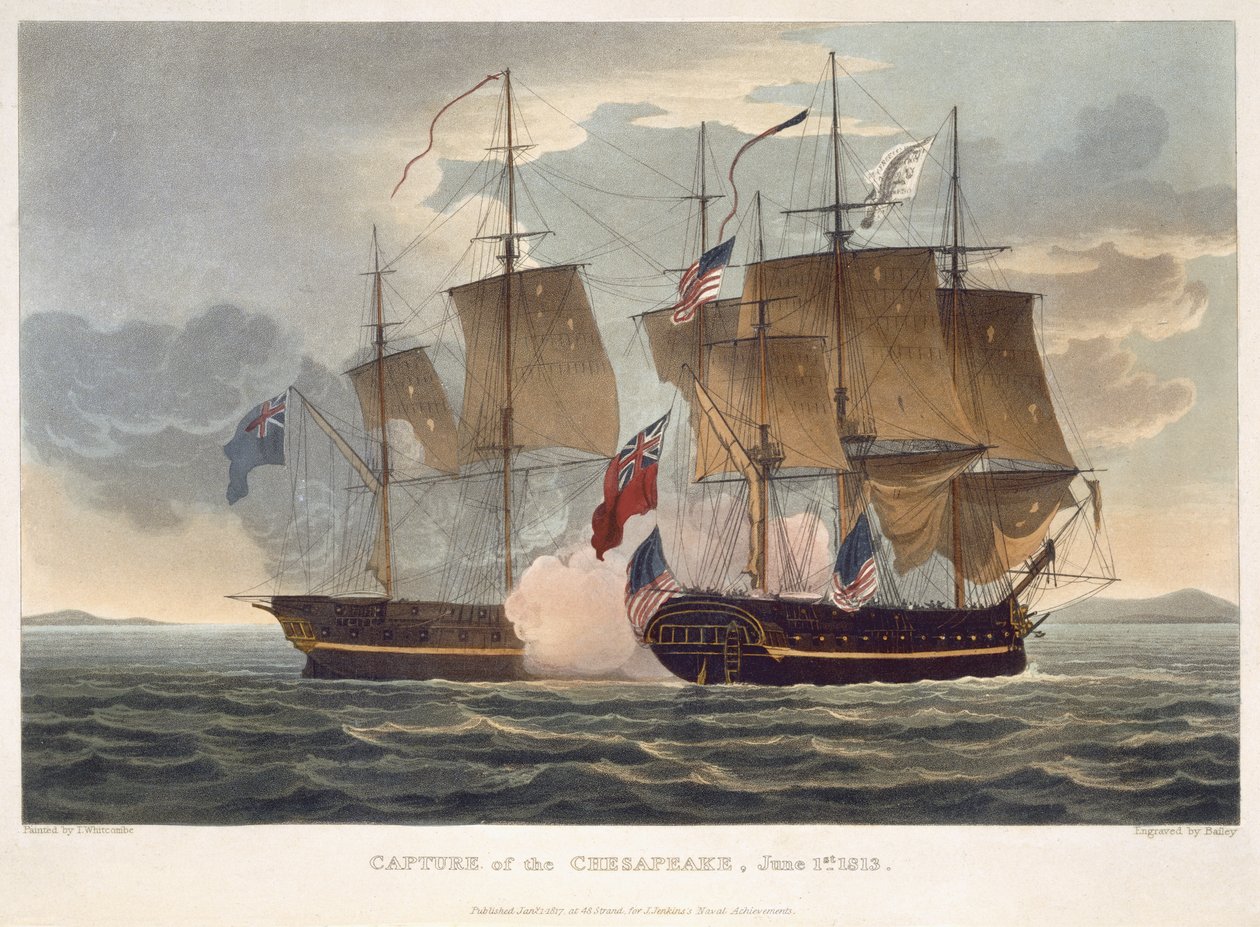 1813年6月1日，切萨皮克的捕获，贝利为J.詹金斯的“海军成就”，1816年刻（彩色版画） 作者 托马斯·惠特科姆