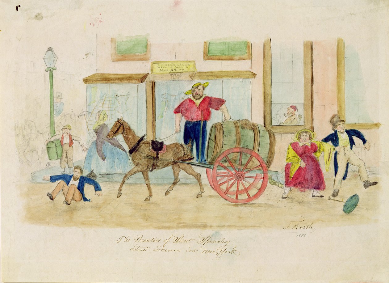 1856年，纽约市街头洒水的美女（铅笔和纸上的wc） 作者 托马斯·沃思