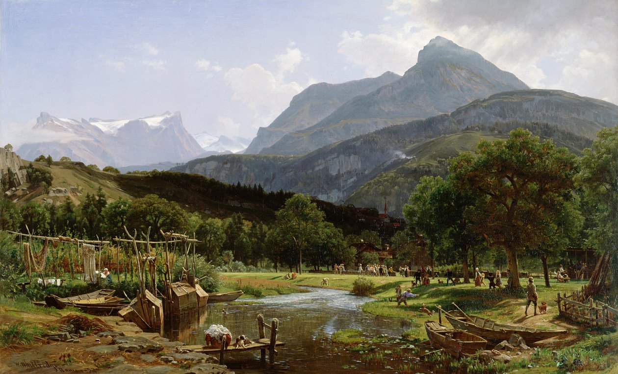 查看在卢塞恩湖，瑞士附近的Brunnen，1857年 作者 托马斯·沃辛顿·惠特里奇